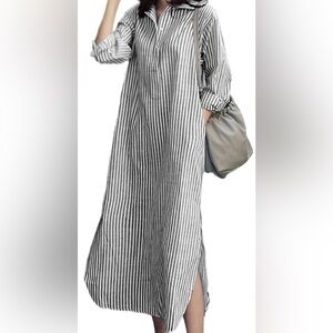 chouyatou Women Casual Long Sleeve V Neck Striped Shift Dress Loose Long Maxi m